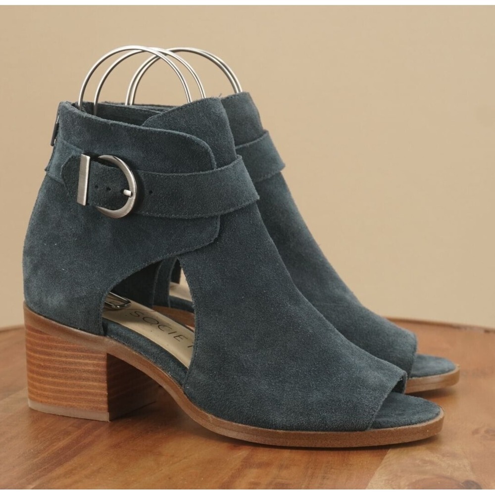 Sole Society Womens Tracy Sandals Booties Blue Suede Block Heel Peep Toe 8.5M